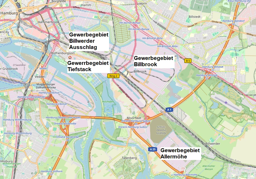 Hier sollten eigentlich die Gewerbegebiete Billwerder Ausschlag, Billbrook, Tiefstack und Allermöhe zu sehen sein.