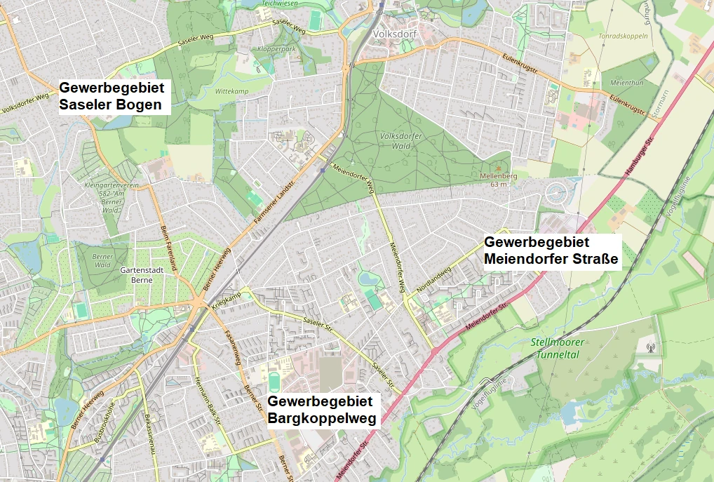 Hier sollten eigentlich die Gewerbegebiete Saseler Bogen, Meiendorfer Straße und Bargkoppelweg zu sehen sein.