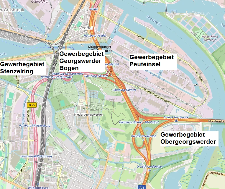 Hier sollten eigentlich die Gewerbegebiete Obergeorgswerder, Georgswerder Bogen, Stenzelring und Peutehalbinsel zu sehen sein.