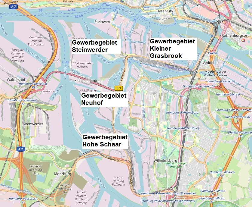 Hier sollte eigentlich die Gewerbegebiete Kleiner Grasbrook, Steinwerder, Neuhof und Hohe Schaar zu sehen sein.