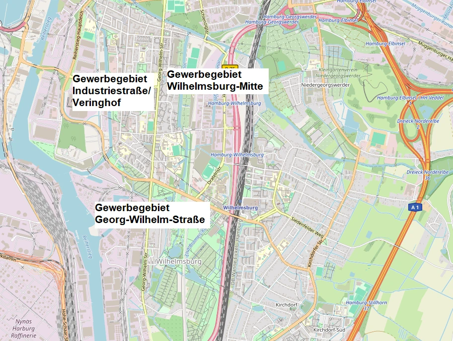 Hier sollten eigentlich die Gewerbegebiete Wilhelmsburg-Mitte, Industriestraße/Veringhof, Georg-Wilhelm-Straße zu sehen sein.