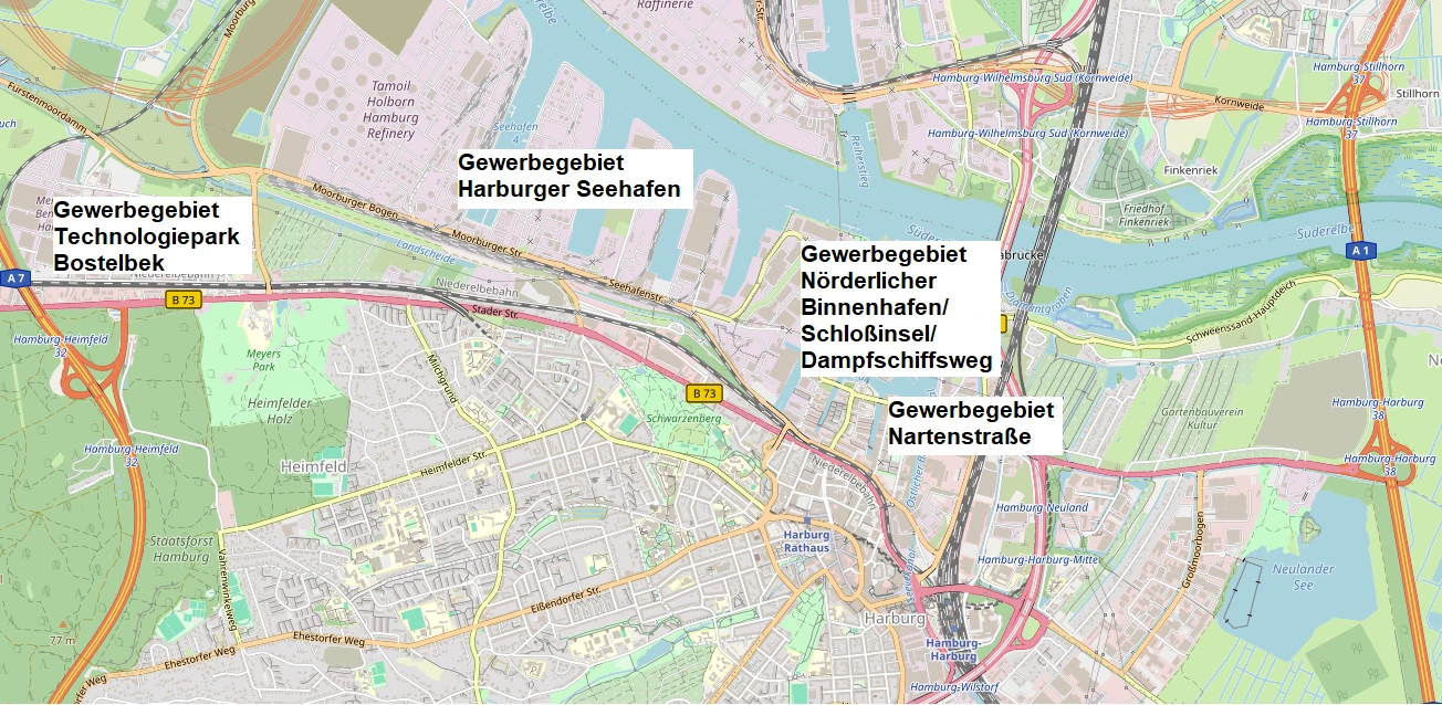 Hier sollten eigentlich die Gewerbegebiete Nartenstraße, Nörderlicher Binnenhafen/ Schloßinsel/ Dampfschiffsweg,Harburger Seehafen und der Technologiepark Bostelbek zu sehen sein.