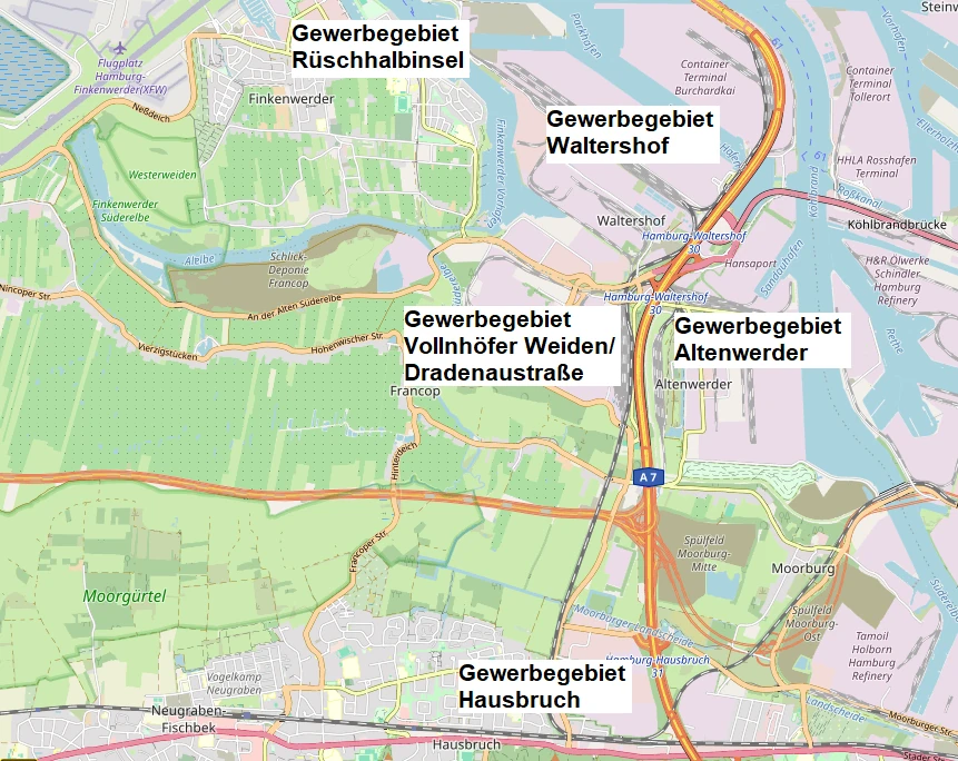 Hier sollten eigentlich die Gewerbegebiete Hausbruch, Vollnhöfer Weiden/ Dradenaustraße, Altenwerder, Waltershof, Neugraben und Rüschhalbinsel zu sehen sein.